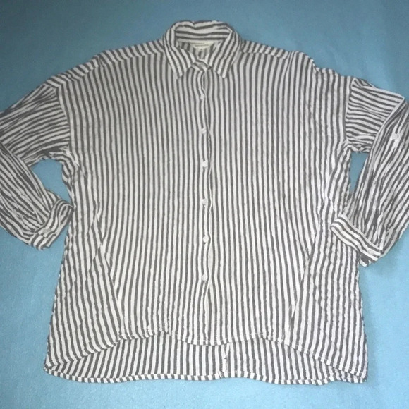 MAX STUDIO striped gray and white collared 3/4 button up sleeves textured size S - Picture 1 of 10